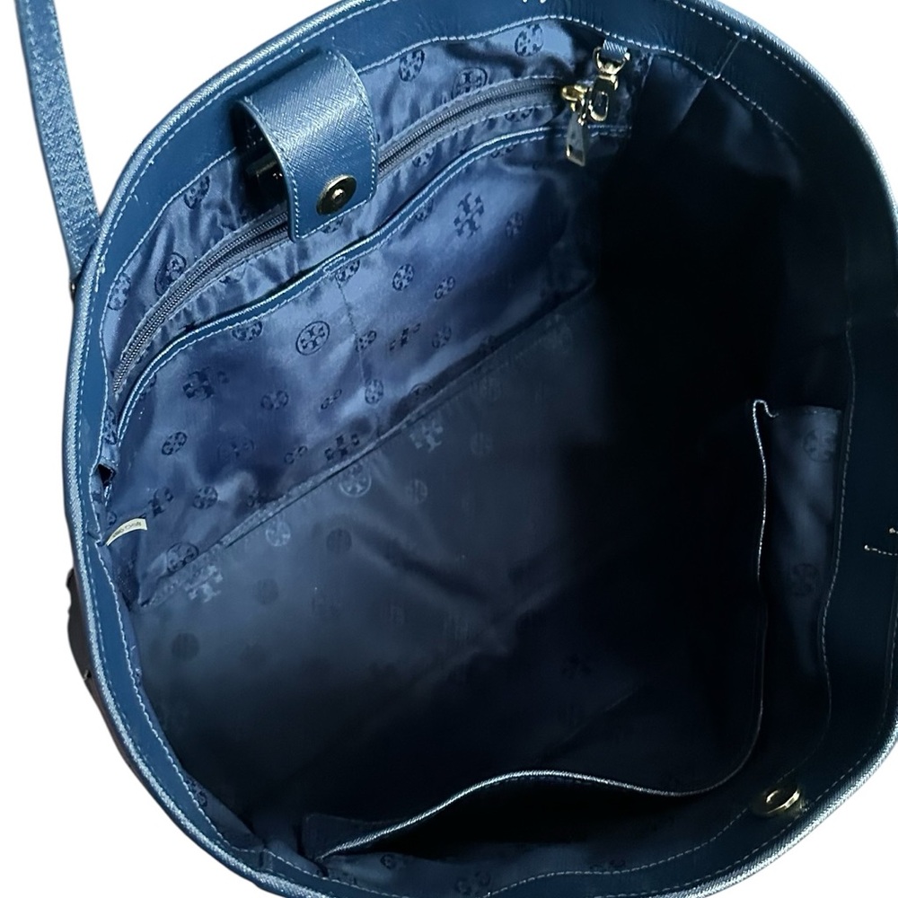 ✨ Tory Burch Navy Saffiano Leather Tote Work Laptop Bag Gold Logo - Picture 11 of 14